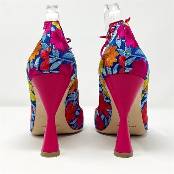 Manolo Blahnik Cotis Floral Embroidered Pumps 39.5 Blue Pink Heels - Picture 5 of 11